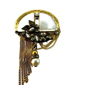 MARENA Germany Mother of Pearl Crystal Goldtone Tassel Brooch Pin Pendant Beauty